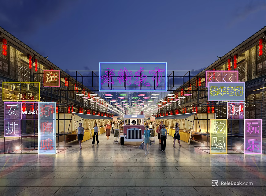 Vibrant Nighttime Commercial Street With Neon Signs Traditional Architecture Pedestrians And Vehicles 3d model 