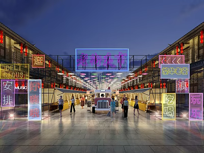 Vibrant Nighttime Commercial Street With Neon Signs Traditional Architecture Pedestrians And Vehicles 3d model