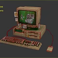 Retro Electronic Computer With Decorative Monitor Keyboard Mouse And Cartoon Screen