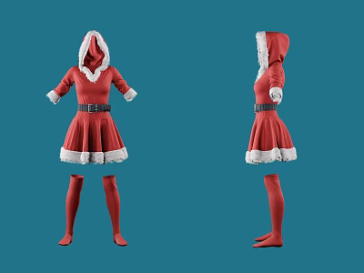 Hooded Red Santa Christmas Dress With White Fur Trim Belt And Red Stockings 3d model