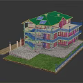 Cartoon Style Multi Story House With Green Roof Solar Panels Balconies Staircase Lawn Stone Path