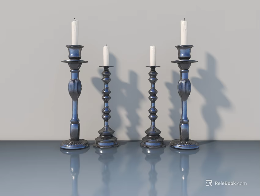 Four Dark Metal Candle Holders With White Candles On Smooth Gray Surface With Reflection 3d model 
