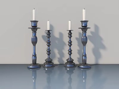 Four Dark Metal Candle Holders With White Candles On Smooth Gray Surface With Reflection 3d model