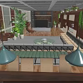 Modern Living Room Interior With Wooden Flooring Green Bench Round Coffee Table And Hanging Lights