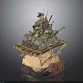 Detailed Decorative Tank Model On Wooden Base With Ropes Shells And Red Characters