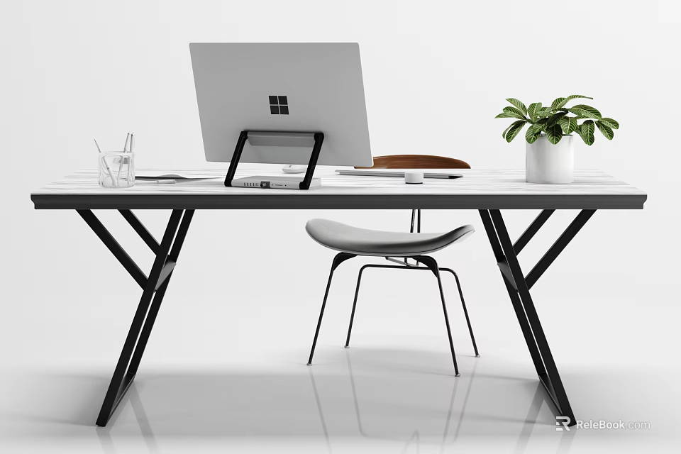 Modern Office Desk With Monitor Pen Holder Mouse Potted Plant And Chair 3d model 