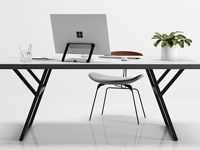 Modern Office Desk With Monitor Pen Holder Mouse Potted Plant And Chair 3d model