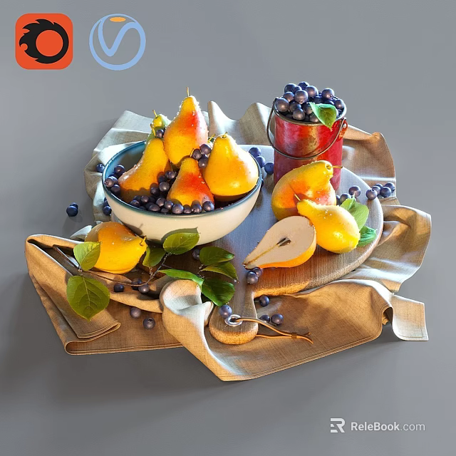 Fresh Pears Blueberries And Lemons In Bowl On Tray With Green Leaves And Cloth 3d model 