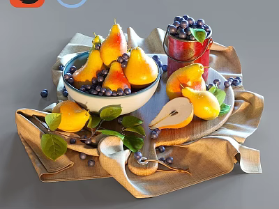 Fresh Pears Blueberries And Lemons In Bowl On Tray With Green Leaves And Cloth 3d model
