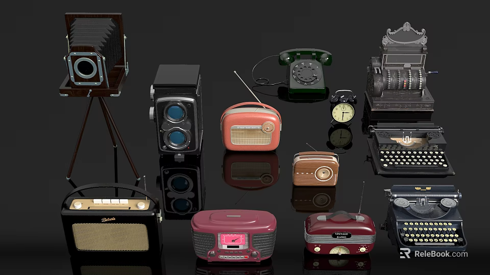 Classic Vintage Daily Electrical Appliances Collection With Radios Phones Cameras And Typewriters 3d model 