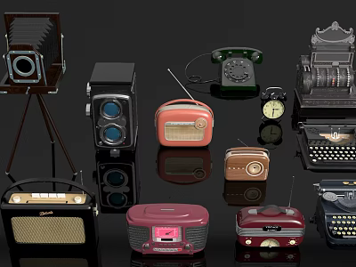 Classic Vintage Daily Electrical Appliances Collection With Radios Phones Cameras And Typewriters 3d model