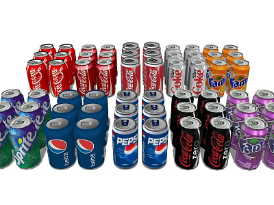 Assorted Canned Beverages Display With Various Soda Brands And Colorful Cans 3d model