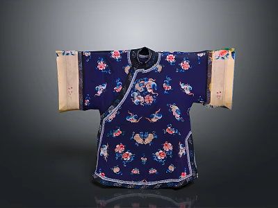 Woman's Traditional Blue Robe With Floral Butterfly Embroidery And Light Colored Cuffs 3d model
