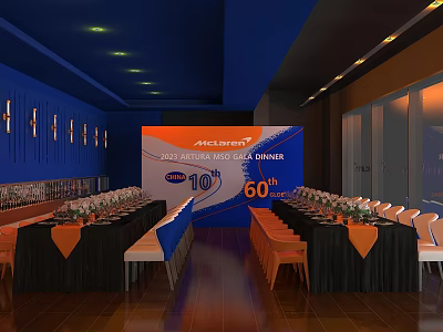 Actalent Restaurant Dinner Setup With Blue Walls Long Tables Orange Black Tablecloths 10th 60th Backdrop 3d model