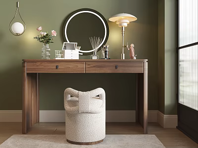 Modern Walnut Dressing Table with Round Mirror Table Lamp Pink Flower Vase and Padded Stool 3d model