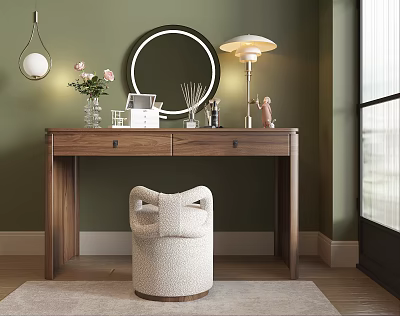 Modern Walnut Dressing Table with Round Mirror Table Lamp Pink Flower Vase and Padded Stool 3d model
