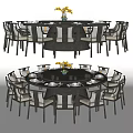 Round Dark Frame Dining Table Set With Multiple Light Seats And Yellow Flower Arrangement 3d model