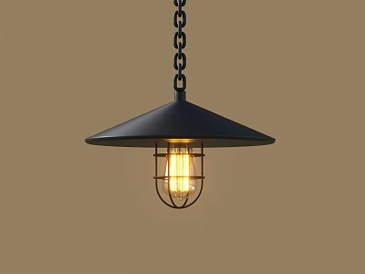 Black Metal Pendant Light with Umbrella Shade and Cage Illuminated Bulb Hanging from Chain 3d model