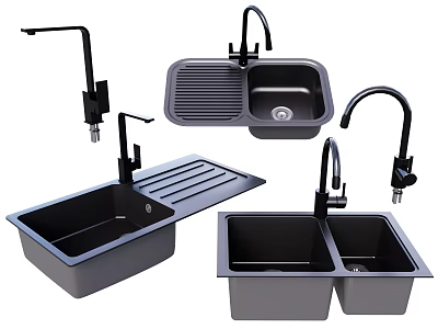 Various Kitchen Sinks With Single Double Bowl Designs And Modern Faucets For Kitchen 3d model
