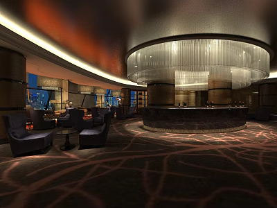 Elegant Upscale Sales Office With Curved Bar And Comfortable Lounge Seats Overlooking City Night View 3d model