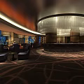 Elegant Upscale Sales Office With Curved Bar And Comfortable Lounge Seats Overlooking City Night View