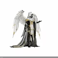 Mythical Angelic Figure In Ornate Black White Robe With Crown Scythe And White Wings