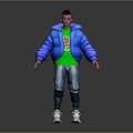 Character In Blue Puffy Jacket Green T-Shirt With Bear Graphic Jeans And Dark Background