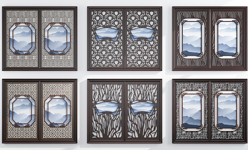 New Chinese style casement window solid wood double window 3d model