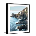 Set of Two Landscape Paintings Featuring Coastal Cliffs Waterfall Castle Ruins and Ocean Waves
