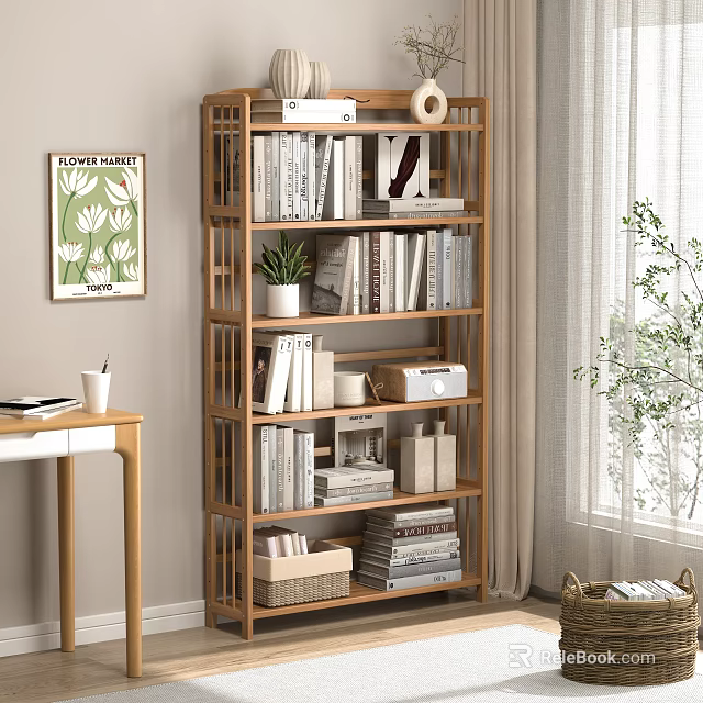 Wooden Open Shelf Bookcase With Books Decorative Items And Potted Plant In Modern Living Room 3d model 