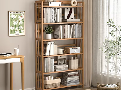 Wooden Open Shelf Bookcase With Books Decorative Items And Potted Plant In Modern Living Room 3d model