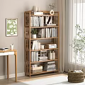 Wooden Open Shelf Bookcase With Books Decorative Items And Potted Plant In Modern Living Room