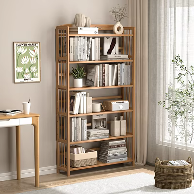 Wooden Open Shelf Bookcase With Books Decorative Items And Potted Plant In Modern Living Room 3d model