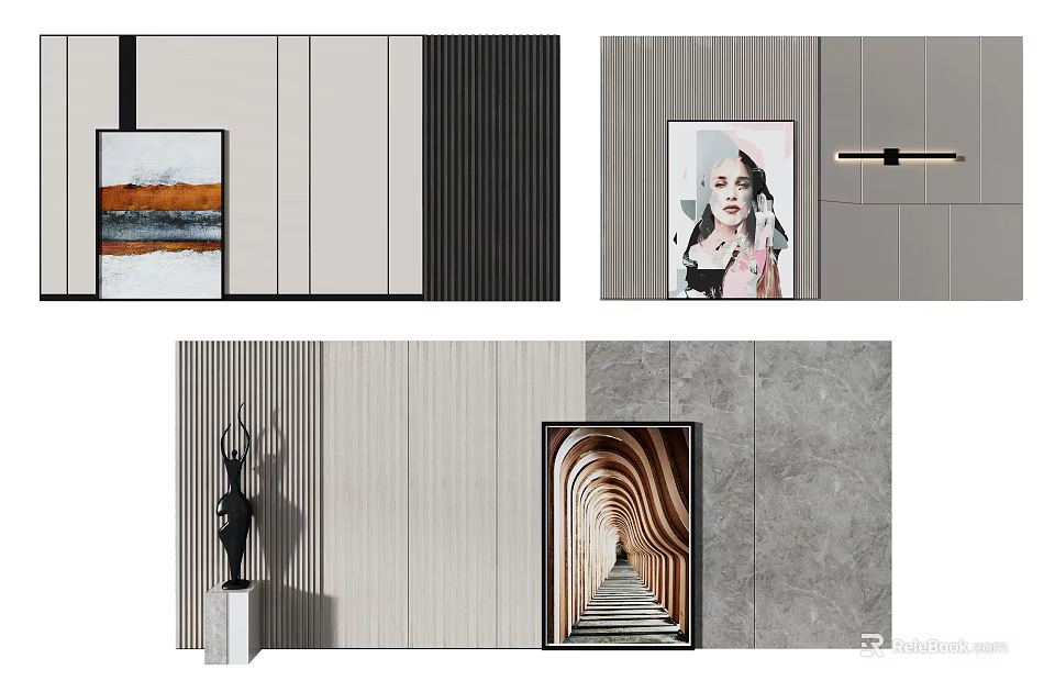 Modern Sofa Background Wall Design With Vertical Stripes And Art Decor 3d model