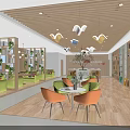 Cozy Reading Space Interior With Green Sofas Orange Chairs And Wooden Bookshelves