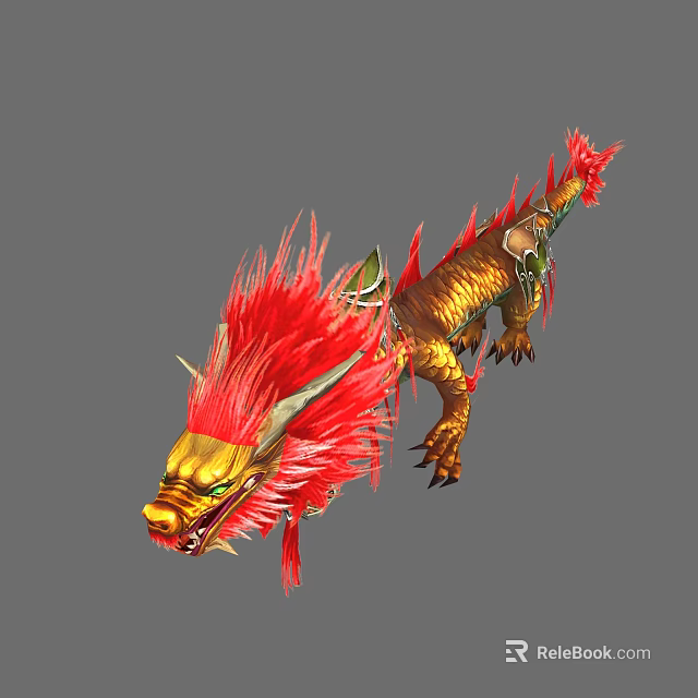 Fantasy Mythical Dragon With Golden Body Red Mane Green Decorations And Sharp Claws 3d model 
