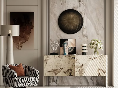 Zebra Pattern Leisure Chair in Modern Interior with Marble Cabinet Floor Lamp and Decorative Wall Art 3d model