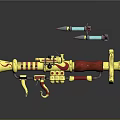 Golden Cosmic Launcher With Red Stripes And Small Missile Like Objects For Space Missions