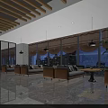 Modern Café With Wooden Ceiling Bar Counter High Stools Display Shelves And Window View