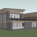 Modern Detached Villa With Wooden Stone Exterior Large Windows And Terrace In Lush Grass