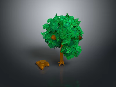 Cartoon Scene Featuring Green Leafy Tree Brown Trunk Orange Fruits And Small Brown Stump 3d model