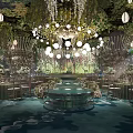 Luxurious Banquet Hall Setup With Hanging Greenery Chandeliers Round Tables And Soft Lighting