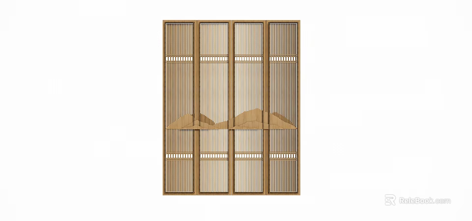 Traditional Wooden Partition With Lattice Design And Arched Decorative Elements 3d model