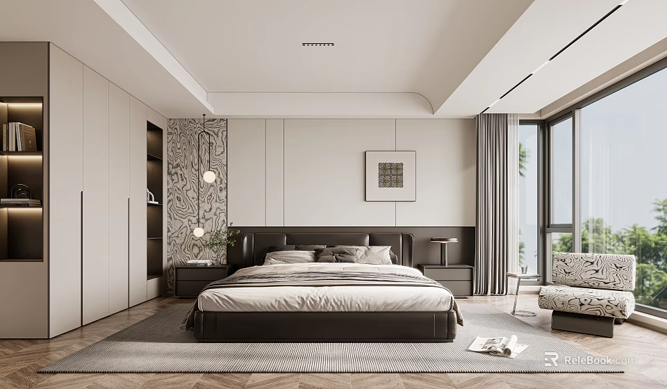 Modern Bedroom Interior With King Size Bed Nightstands Patterned Rug And Large Windows 3d model 