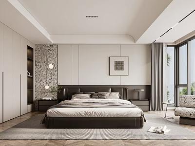Modern Bedroom Interior With King Size Bed Nightstands Patterned Rug And Large Windows 3d model
