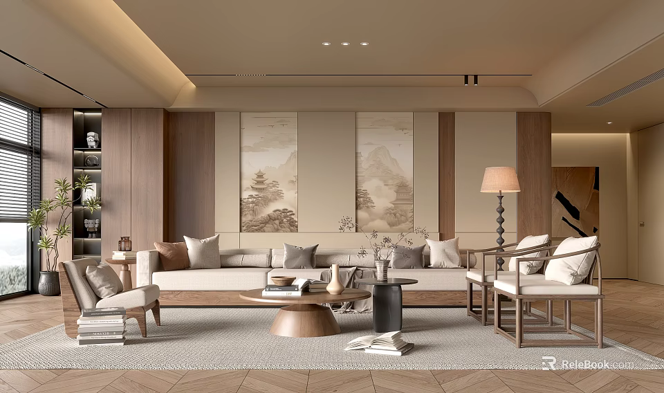 New Chinese Style Living Room Interior With Wooden Furniture Sofa Coffee Table And Landscape Paintings 3d model 