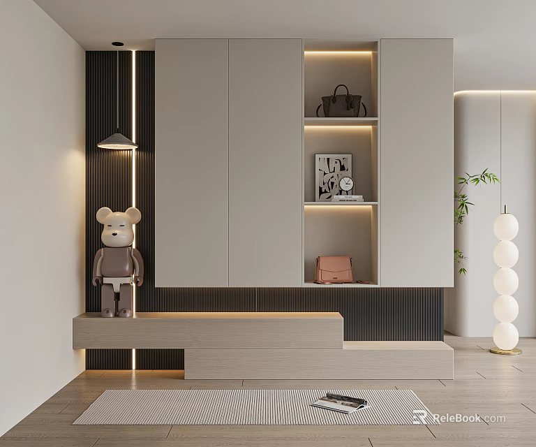 Modern Stylish Shoe Cabinet With Storage Shelves LED Lighting Decorative Items And Bench 3d model 