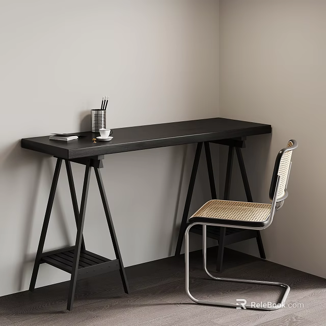 Modern Black Desk With Lower Shelf And Woven Seat Chair On White Wall Background 3d model 