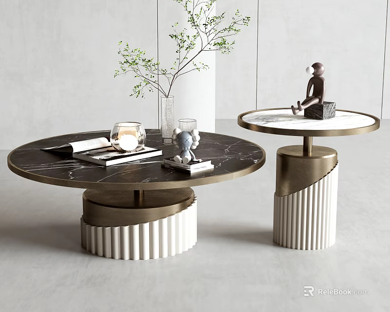 Modern Round Coffee Tables With Marble Tops Golden Ribbed Bases And Decorative Vase Books Candle Statue 3d model 