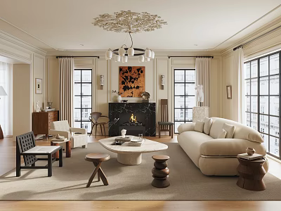 Elegant Living Room Interior Design With Ornate Chandelier Fireplace Beige Sofa And Round Coffee Table 3d model